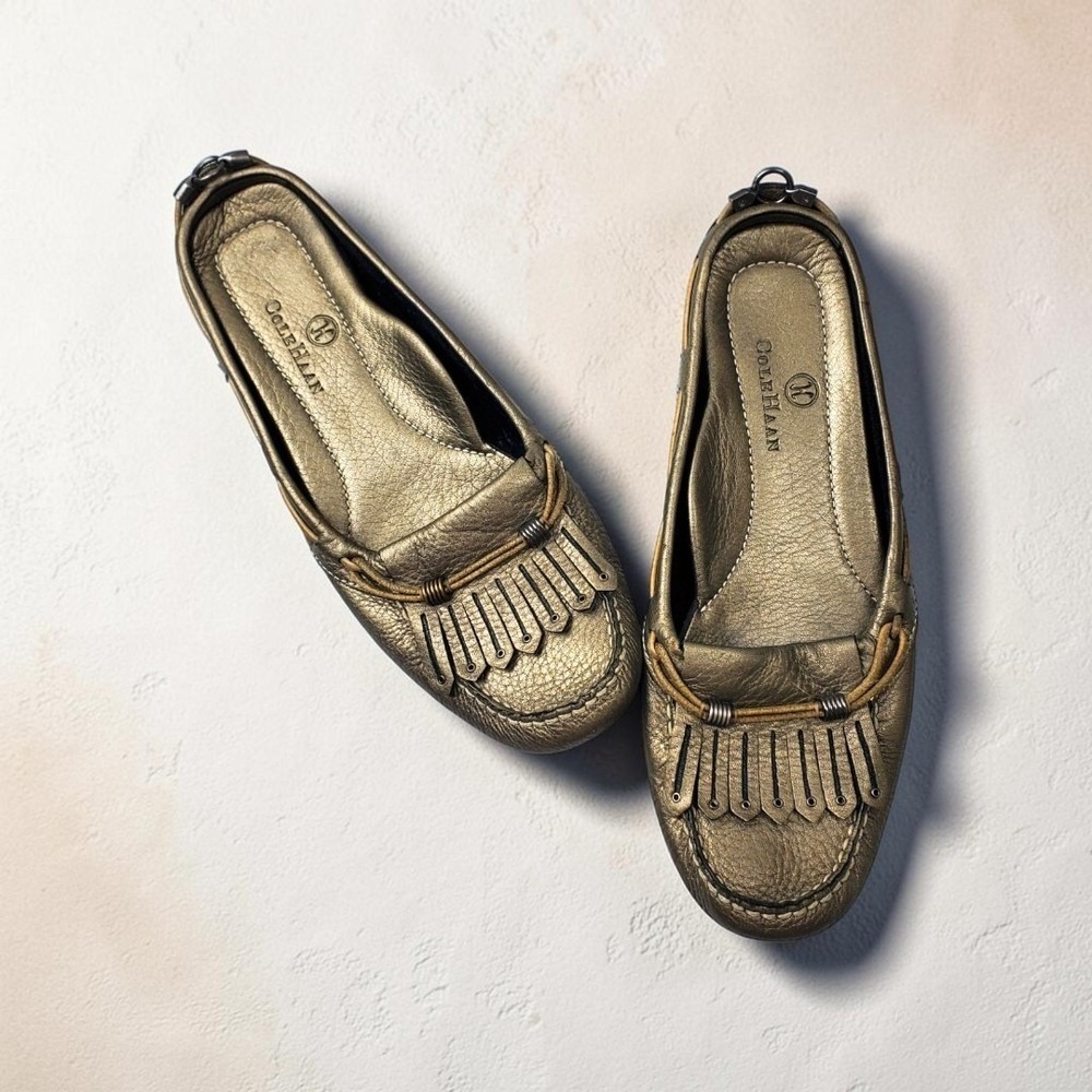 Cole Haan Womens Metallic Gold Leather Kiltie Fringe Driving Moccasins Size 7 AA